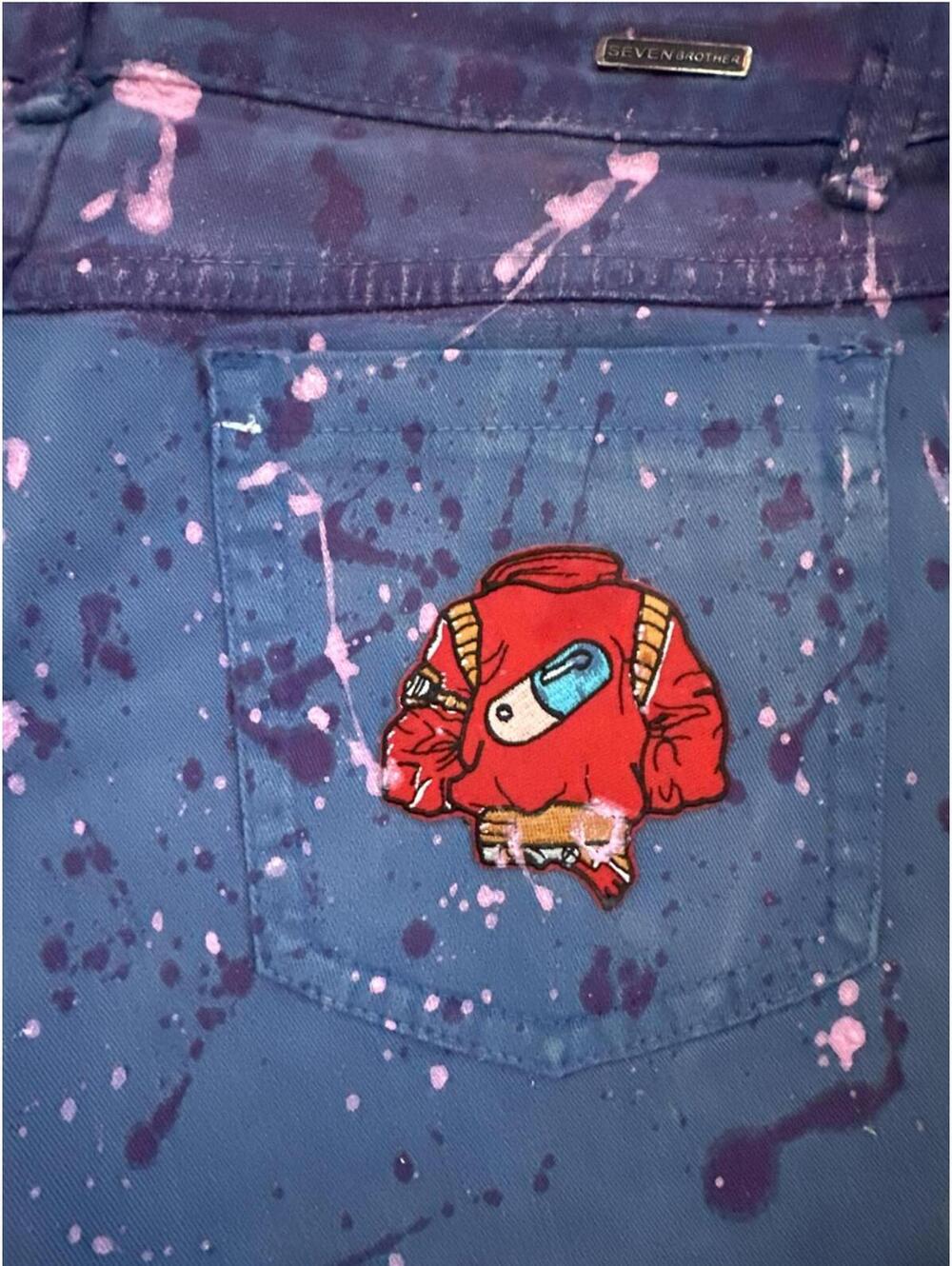 Upcycled Denim Jean Micro Mini Shorts Handpainted One of a Kind with Patches - Picture 3 of 9
